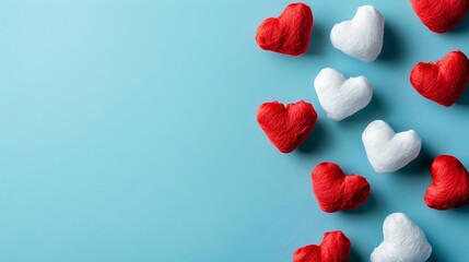 Banner of White ceramic hearts with red plush hearts on blue trend color background
