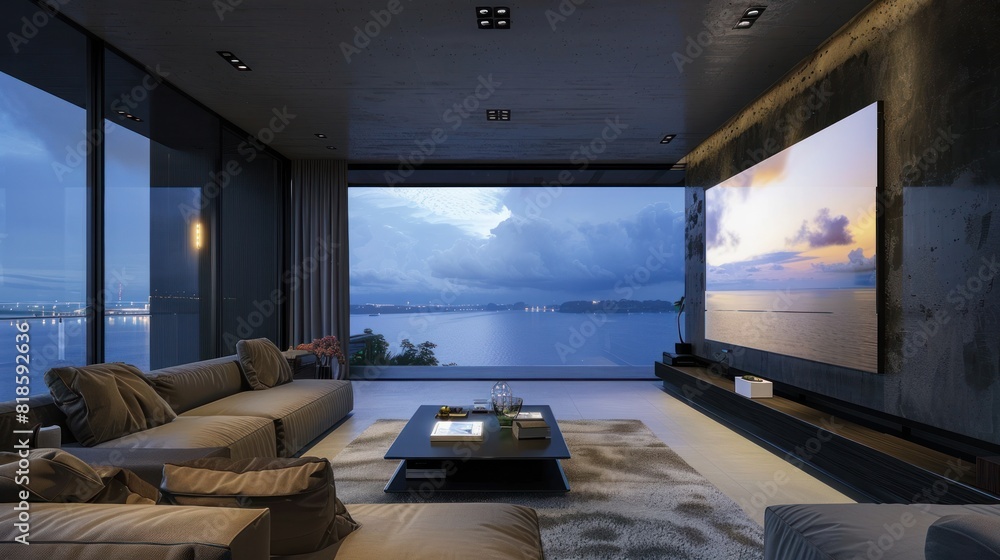 Wall mural A digital screen mounted on the wall of a modern, luxurious living room.

