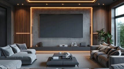 A digital screen mounted on the wall of a modern, luxurious living room.

