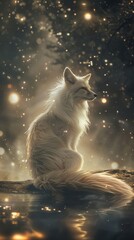 Photorealism of a kitsune in a serene, ethereal celestial body setting, with detailed, photorealistic rendering and a gentle, airbrushed finish