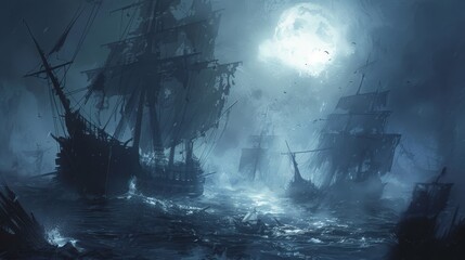 Obraz premium Intense close-up, weather-beaten sails in moonlit waters, hidden pirate faces shrouded in fog, evoking a mystical and adventurous ambiance