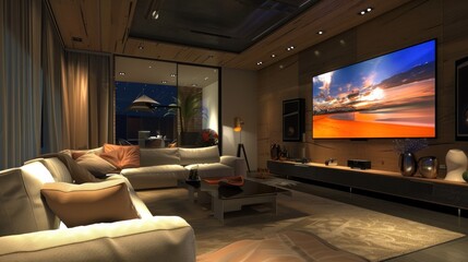 A digital screen mounted on the wall of a modern, luxurious living room.

