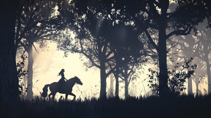Silhouette of a young girl riding a mythical female centaur through an enchanted forest, symbolizing adventure and fantasy, with ample copy space for text