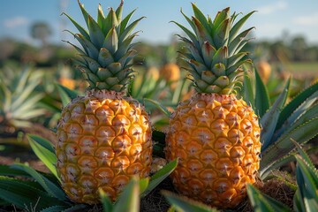 Obraz premium Two ripe pineapples growing in a field on a sunny day, surrounded by green foliage and vibrant blue sky, symbolizing tropical freshness.