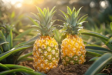 Obraz premium Two ripe pineapples growing in a field with sunlight illuminating the background, showcasing a tropical and natural environment.