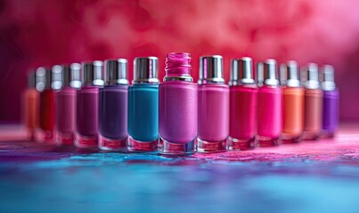 Vibrant, colorful nail polish bottles arranged in a row with a bokeh background, showcasing a variety of shades.
