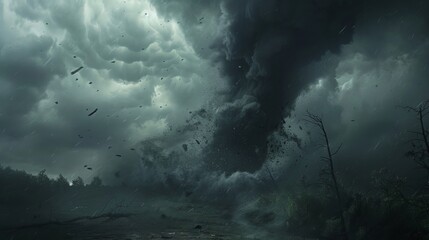 Fototapeta premium Fierce tornado twisting under dark, brooding clouds, with debris flying through the air, showcasing nature's raw power