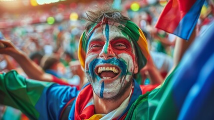 Euphoric Italian soccer fan celebrates with vibrant face paint, embracing team spirit and...