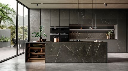 A sleek designer kitchen with smooth, handleless cabinets featuring black edges and glass surfaces.

