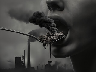 A mouth eating a spoon with smoke and garbage (pollution) into their mouth