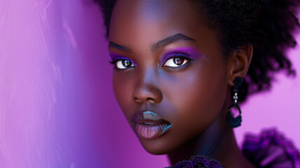 Stylish Dark-Skinned Model in Amethyst Violet Dress
