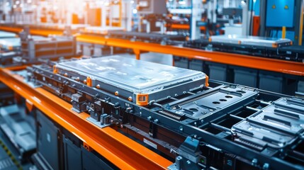 High-resolution shot of electric car battery cells on an automated assembly line, focus on technology and efficiency in an industrial setting