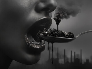 A mouth eating a spoon with smoke and garbage (pollution) into their mouth