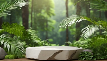 Obraz premium Podium background product green nature 3D forest stand white plant.