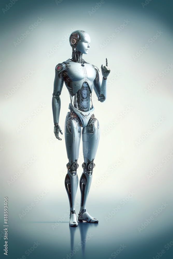 Aufkleber android robot, pose 21. the robot with a finger indicates direction upwards
