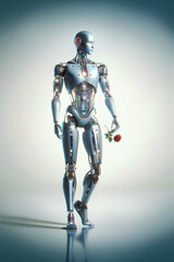 Fototapeta premium Android robot, pose 22. Robot holds a red rose in hand