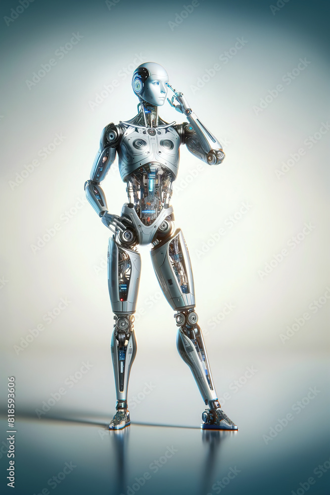Poster android robot, pose 29. robot holds the index finger near the head, thinking about something