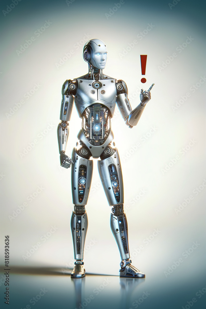 Poster android robot, pose 28. the robot holds the exclamation mark