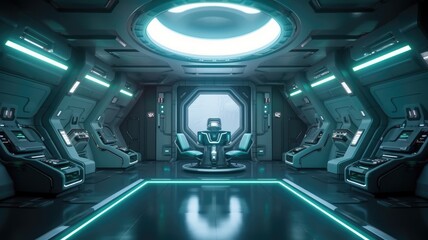 Futuristic corridor with circular architecture in a sci-fi spaceship. Image of modern corridor of spacecraft interior with bright blue light. Concept for advanced technology and space travel. AIG35.