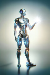 Fototapeta premium Android robot, pose 30. The robot holds the glow in his hand