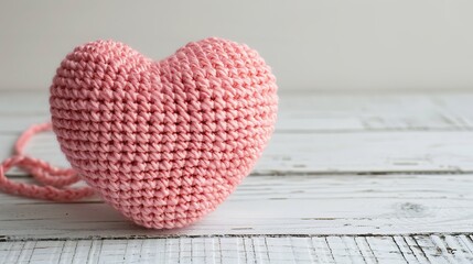 Crocheted amigurumi pink heart with a yarn on a white wooden background