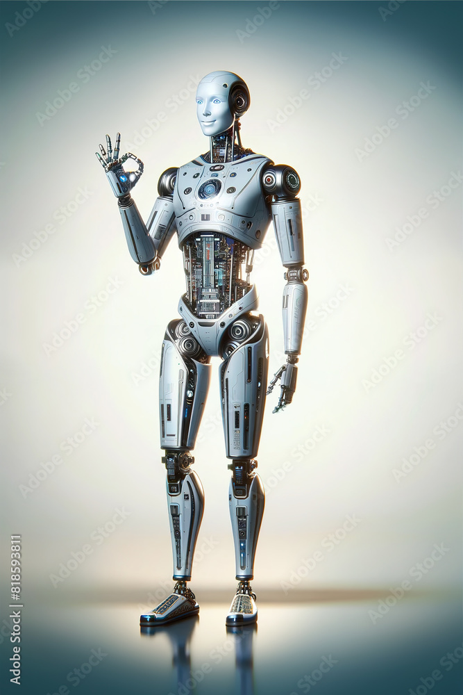 Poster android robot, pose 34. a smiling robot shows a sign ok