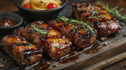 Fototapeta premium Savor the Flavor: Delectable Glazed Meat Dish on a Rustic Wooden Table
