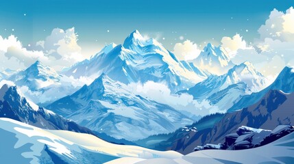 Vector panorama of a snowy winter mountain landscape with clouds.

