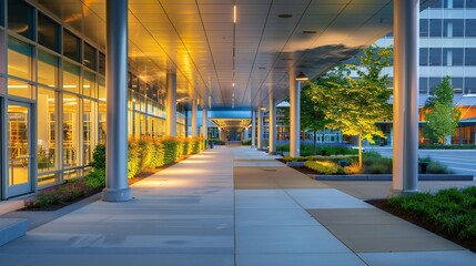 The entrance plaza of the hospital, designed as a welcoming space for patients, families, and staff.