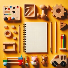 AI Generate of Wooden Kid Toys and Sketchbook Early Education, Kindergarten, Pre-school, Learn and Play Concept