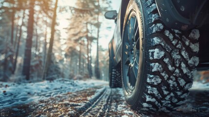 Swapping out winter tires for summer ones in a forest setting.