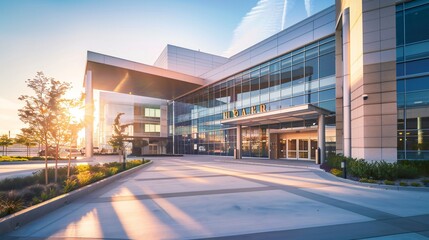 The hospital facade showcases clean lines and contemporary design elements.