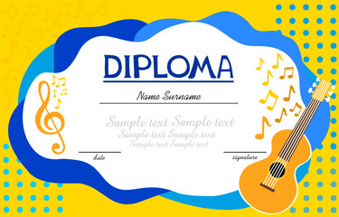 Musical template.Horizontal musical diploma. Certification template with musical instruments. Best for music shop, music blog, music store. Diploma termination preschool program training children. 