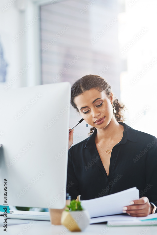Poster woman, employee and thinking with document at office in desk for contract, form and agreement. femal