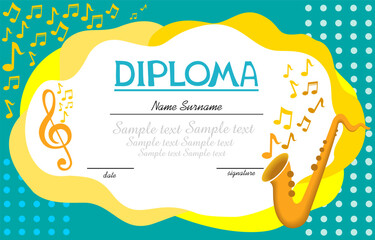 Musical template.Horizontal musical diploma. Certification template with musical instruments. Best for music shop, music blog, music store. Diploma termination preschool program training children. 