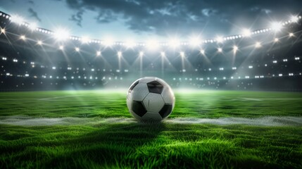 Soccer Ball in a Stadium with Lights. A classic black and white soccer ball on green grass in the center of a stadium, illuminated by spotlights