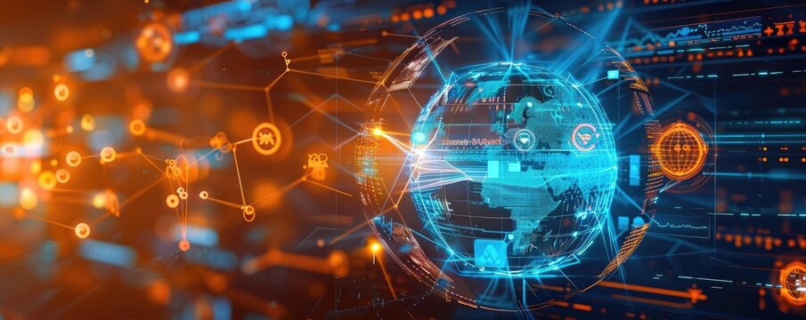 A conceptual digital sphere representing the internet network, surrounded by AI nodes that symbolize a paradigm shift in data management