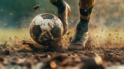 Soccer player feet kicking ball on dirty field. Professional sport soccer concept. AI generated