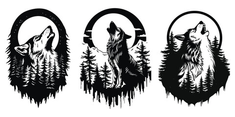 set of Wolf head Vector illustrations. wolf howling in a forest with the moon