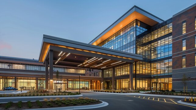 The hospital's exterior design narrative extends from the entrance to the overall campus layout, promoting healing and well-being.