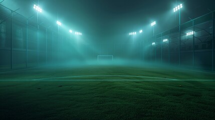 Sports stadium with lights, textured soccer field with spotlights, fog midfield, empty area for...