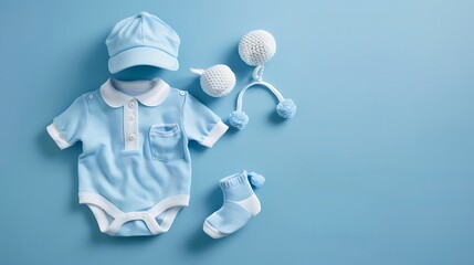 Kit of dress for baby boy on blue background