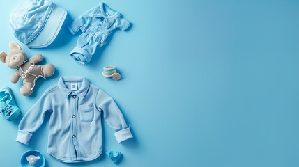 Kit of dress for baby boy on blue background