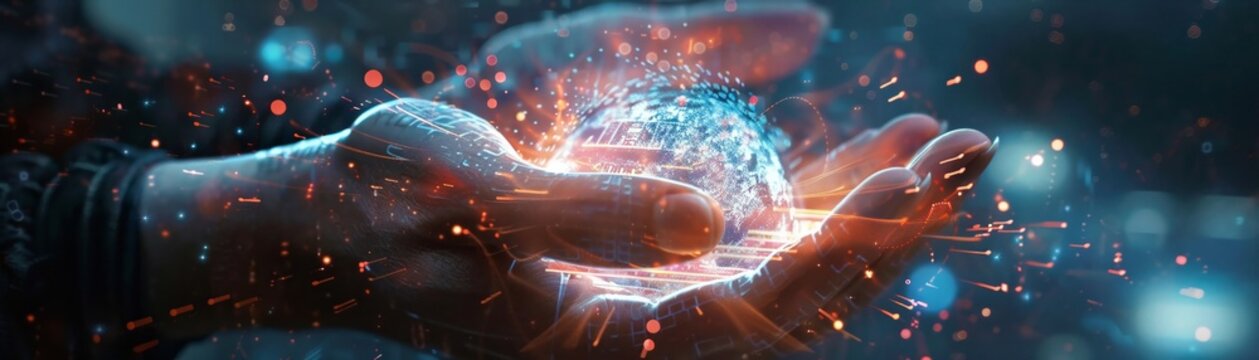 Holographic hands cradle a virtual launch, marking the inception of a tech voyage