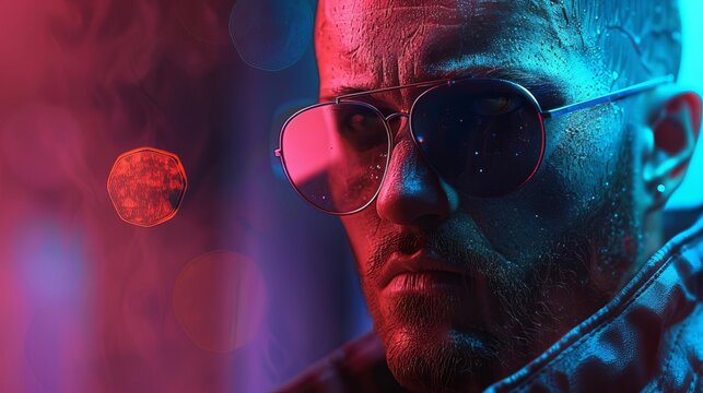 Create a character portrait of a man with sunglasses in a dark urban setting