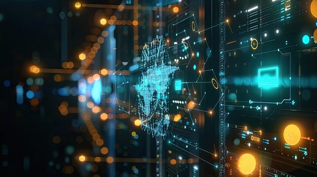 A detailed 3D rendering of a server rack with holographic outputs showing live data processing and cloud interactions