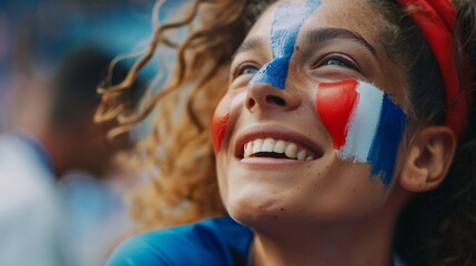 Vibrant Portrait of a Joyful Female French Supporter with a French Flag Painted on Her Face, Celebrating at UEFA EURO 2024