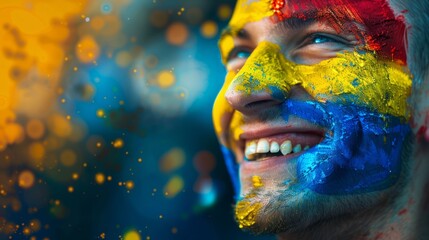 Vibrant Portrait of a Joyful male Romania Supporter with a Romanian Flag Painted on His Face, Celebrating at UEFA EURO 2024