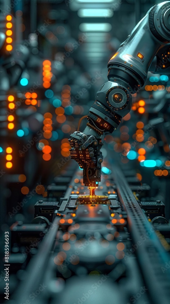 Poster robotic arm working on a conveyor belt in a futuristic factory with neon lights, showcasing advanced
