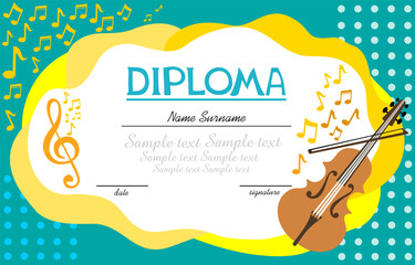 Musical template.Horizontal musical diploma. Certification template with musical instruments. Best for music shop, music blog, music store. Diploma termination preschool program training children. 